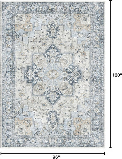 GENIMO 8x10 Area Rugs for Living Room, Machine Washable Non Slip Vintage Rugs, Low Pile Lightweigt Chenille Print Indoor Rug for Bedroom, Dining Room, Home Office, Blue