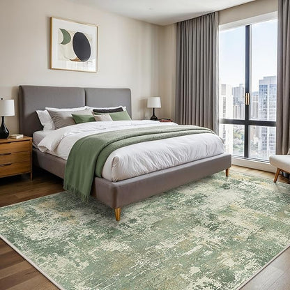 GENIMO 5x7 Area Rugs for Living Room, Machine Washable Rug Non Slip, Low Pile Ultra-Thin Lightweight Large Carpet, Abstract Modern Rugs for Bedroom, Dining Room, Office, Nursery, Olive Green