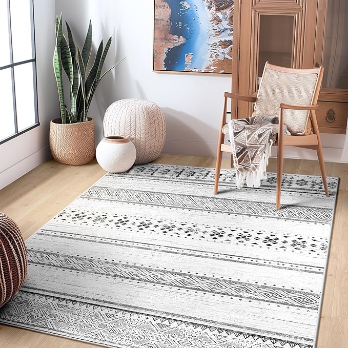 BESTSWEETIE 4x6 Area Rugs for Living Room Washable Moroccan Farmhouse Neutral Geometric Low Pile Non-Slip Soft Print Pattern Rug for Bedroom Kitchen Dining Room Entryway Grey/Black/Navy
