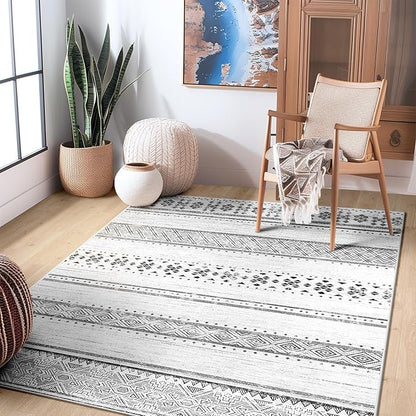 BESTSWEETIE 4x6 Area Rugs for Living Room Washable Moroccan Farmhouse Neutral Geometric Low Pile Non-Slip Soft Print Pattern Rug for Bedroom Kitchen Dining Room Entryway Grey/Black/Navy