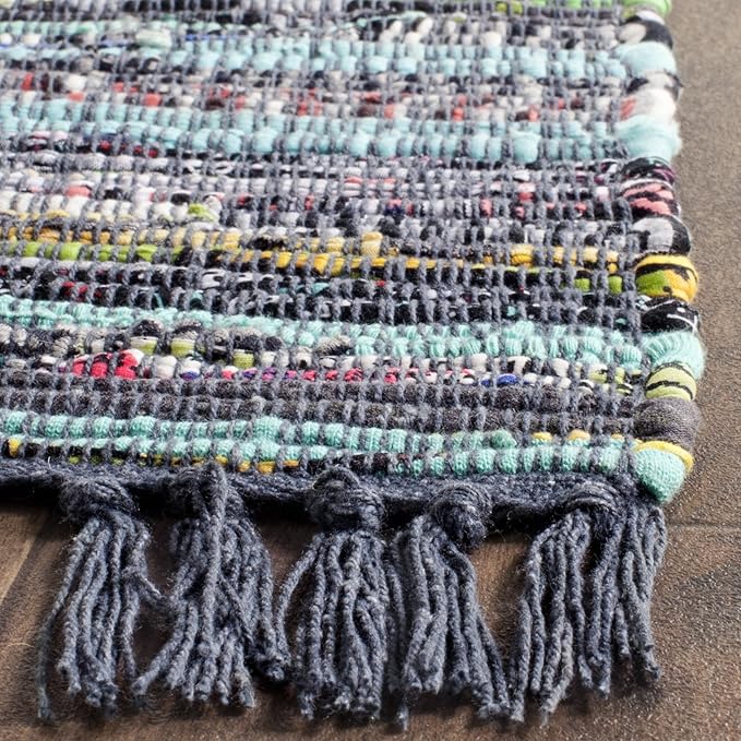 SAFAVIEH Rag Rug Collection X-Large Area Rug - 11' x 15', Ink & Multi, Handmade Boho Stripe Cotton, Ideal for High Traffic Areas in Living Room, Bedroom (RAR121C)