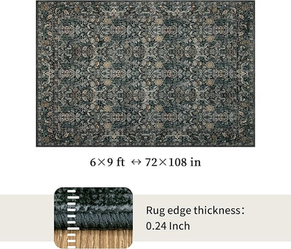 Washable Living Room Rug: 6x9 Boho Floral Soft Area Rug for Bedroom Decor - Vintage Low Pile Thin Carpet for Dining Room Non-Slip - Farmhouse Stain Resistant Rugs - Dark Green