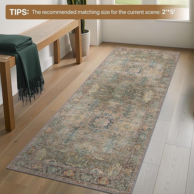 Bavni Area Rug 3x5, Non-Slip Washable Rugs for Living Room Office, Boho Distressed Printed Rug, Low Pile Foldable Decorative Carpet for Bedroom Kitchen Office, Olive Green