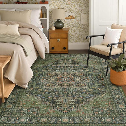 Kokia 8x10 Washable Area Rugs Dark Green with Vintage Orient Design Soft Rug for Living Room or Bedroom Non-Slip Low Pile Stain Resistance Features Distressed Medallion Pattern