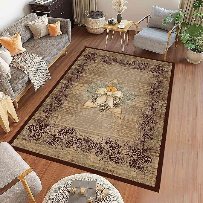 Vintage Pine Cone Area Rug 3x5ft Rustic Lodge Wooded Pine Cone Area Rug Wood Grain Star Leaf Distressed Indoor Non-Slip Washable Carpet for Dormitory Study Room Fireplace Office