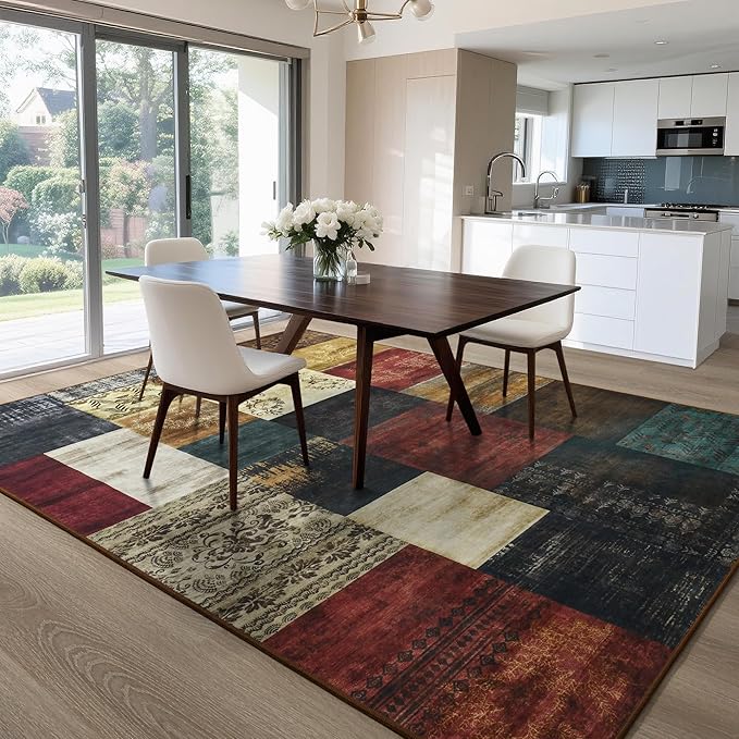 Tepook Modern Area Rug for Living Room, 5x7 Geometric Large Rugs for Bedroom, Washable Patchwork Rug Indoor Non-Slip Throw Carpets for Dining Room Office Farmhouse Home Decor, Multi