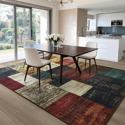 Tepook Modern Area Rug for Living Room, 5x7 Geometric Large Rugs for Bedroom, Washable Patchwork Rug Indoor Non-Slip Throw Carpets for Dining Room Office Farmhouse Home Decor, Multi