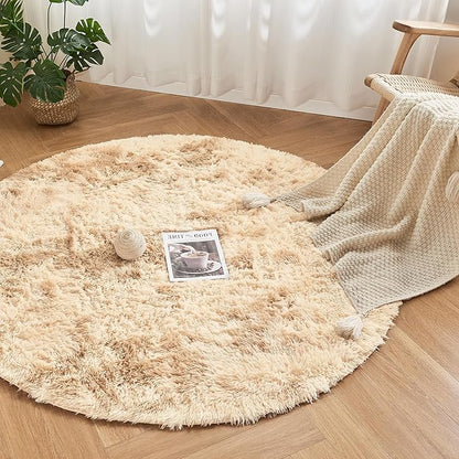 Andency Tie-Dyed Beige Round Area Rug for Living Room, 5x5 ft Shag Rug for Bedroom, Fluffy Circle Carpet for Home Decor, Room, Fuzzy Plush Circular Rug for Dorm Playroom