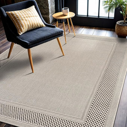 CAMILSON Easy Jute Rug 6x9, Indoor Outdoor Off-White Color Fiber Area Rugs for Entry, Living Room and Farmhouse Rug, Bordered Boho Woven Design, Easy-Cleaning, Washable Outside Carpet (6 x 9)