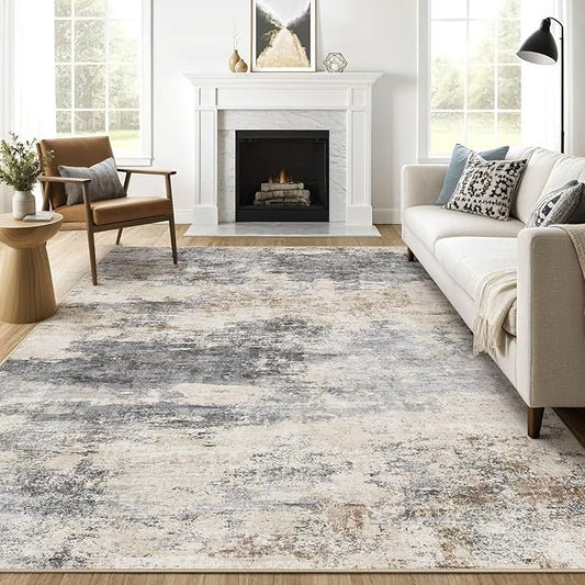 10x12 Area Rug Living Room: Washable Large Abstract Modern Soft Rug Stain Resistant Indoor Floor Non Slip Accent Carpet for Bedroom Nursery Playroom Dining Room Office Dorm Home House- Grey Brown