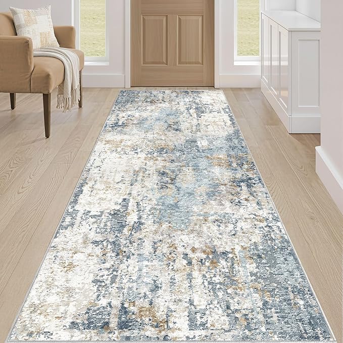 Runner Rug Non Slip Rugs: 3x10 Hallway Kitchen Washable Abstract Soft Modern Stain Resistant Indoor Floor Neutral Accent Throw Carpet for Bathroom Laundry Room Entryway Bedroom- Blue