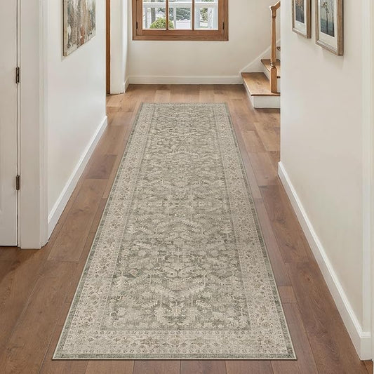 Brown 2x8 Runner Rug Vintage Area Carpet Hallway Indoor Kitchen Washable Low Pile Traditional Distressed Retro Accent Throw Rug Non Slip for Laundry Bathroom Office