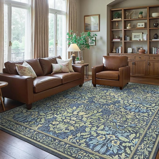 Bavni Floral Dark Blue Area Rugs 6x9, Vintage Boho Carpet Machine Washable, Non Slip Soft Low Pile Thin Rug for Bedroom, Living Room, Dining Room, Nursery