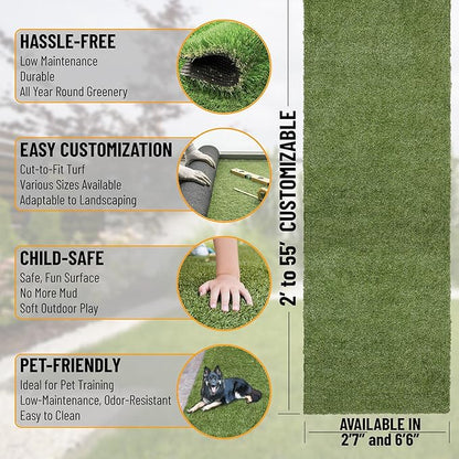 Ottomanson 2'7" x 52' Artificial Faux Grass Rug - Realistic Turf with UV Protection - Perforated for Easy Drainage - Durable, Hose-Off Synthetic Lawn Carpet for Indoor & Outdoor Use, Green