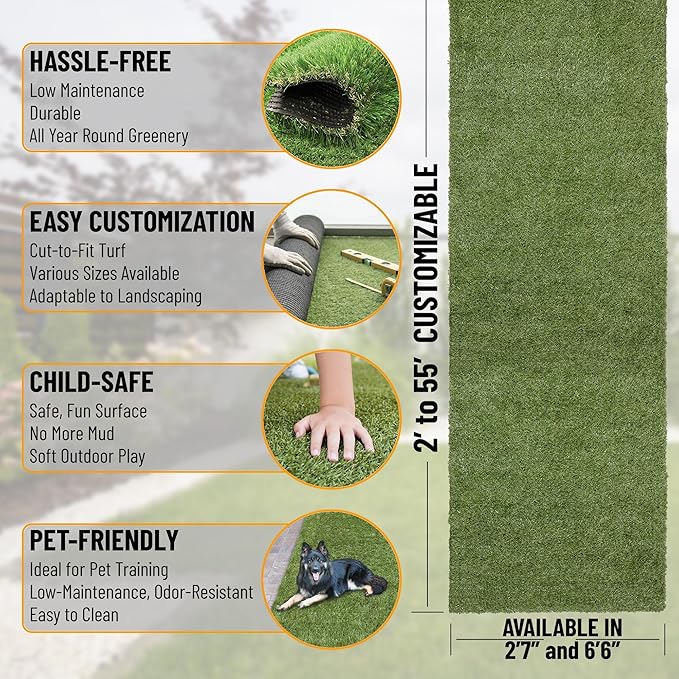 Ottomanson 6'6" x 34' Artificial Faux Grass Rug - Realistic Turf with UV Protection - Perforated for Easy Drainage - Durable, Hose-Off Synthetic Lawn Carpet for Indoor & Outdoor Use, Green