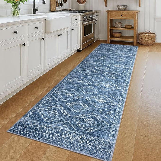 KILOCOCO Hallway Runner Rug 3'x12' Runners for Hallways Washable Runner Rug Soft Non Slip Printed Geometric Runner Low-Pile Rug Runner for Bedroom Kitchen Living Room, Stonewashed Blue
