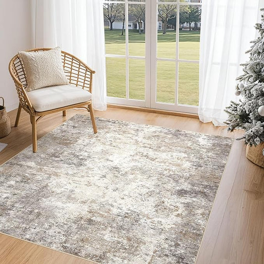 Square Area Rugs : Washable 5x5 Neutral Modern Abstract Carpet for Living Room Bedroom - Soft Floor Mat with Non Slip Backing for Kitchen Nursery Dorms Farmhouse Home Decor - Brown Grey