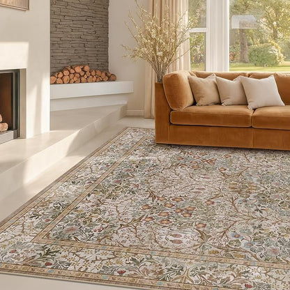 Washable Dining Room Rugs for Under Table - 6x9 Moss Green Oriental Area Rug for Living Room, Low Pile Non-Slip Floor Carpet for Bedroom Under Bed - Vintage Brown Neutral Design & Stain Resistance
