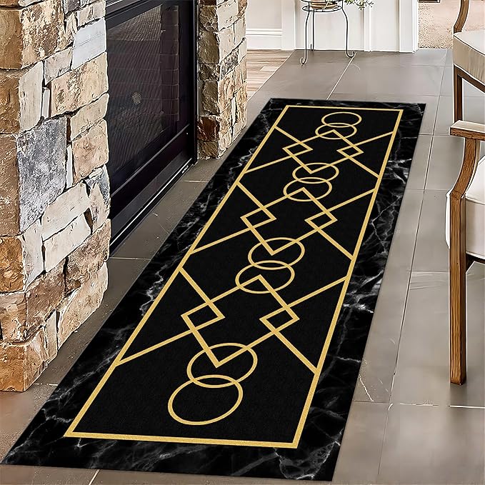 Luxury Gold Stamped Texture Hallway Runner Rug for Walkway, 1.3x7ft, Abstract Black Marble Background Entrance Carpets, Minimalist Geometric Decoration Absorbent Mat for Floor Office