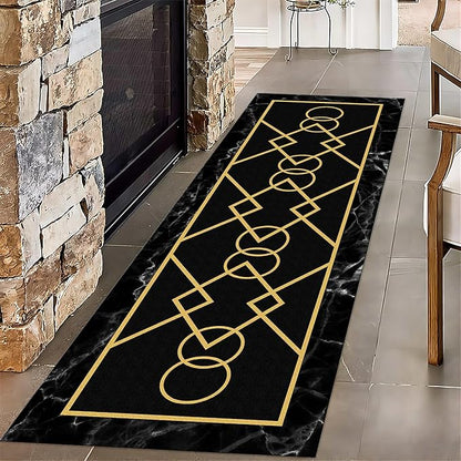 Luxury Gold Stamped Texture Hallway Runner Rug for Walkway, 2x8ft, Abstract Black Marble Background Entrance Carpets, Minimalist Geometric Decoration Absorbent Mat for Floor Office