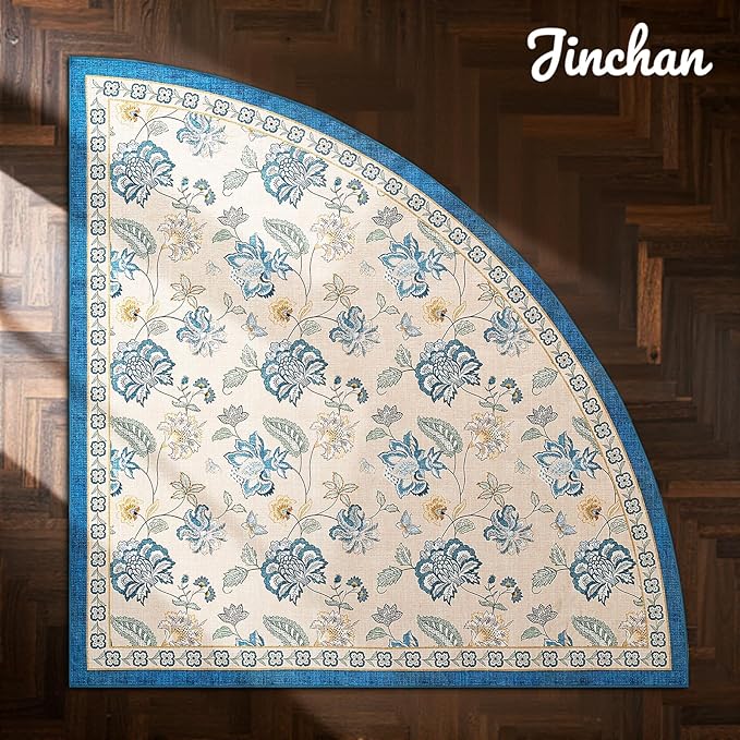 jinchan Elora Floral Corner Rug for Living Room Washable Bedroom Rug Vintage Romance Design Non Slip Quarter Circle Lightweight Low-Pile Throw Carpet for Reading Nook Playroom, 8ft Radius, Blue/Beige