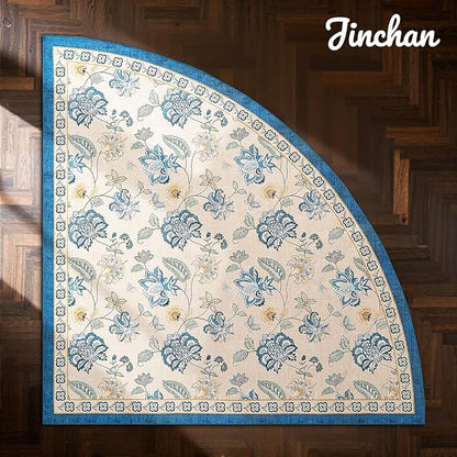jinchan Elora Floral Corner Rug for Living Room Washable Bedroom Rug Vintage Romance Design Non Slip Quarter Circle Lightweight Low-Pile Throw Carpet for Reading Nook Playroom, 7ft Radius, Blue/Beige