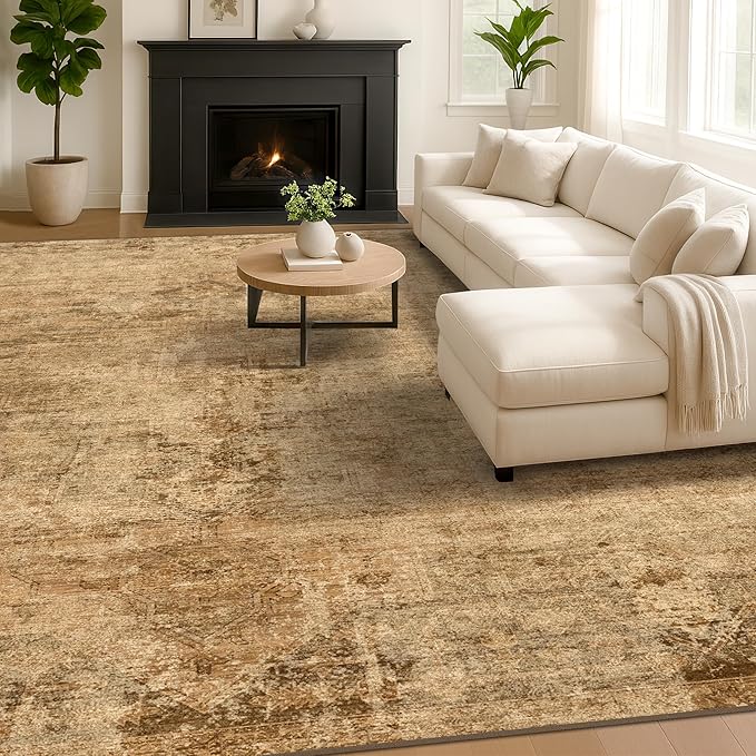 Large Brown Golden Rug for Dining Room Table - Rustic Farmhouse 9x12 Area Rug for Living Room, Bedroom Under Bed, Non Slip with Rubber Backing & Stain Resistant
