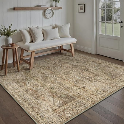Brown Multi Area Rug 5x7 Vintage Washable Distressed Living Room Carpet Large Indoor Non Slip Traditional Medallion Retro Low Pile Accent Throw Rug Bedroom Kitchen Office Dining Room