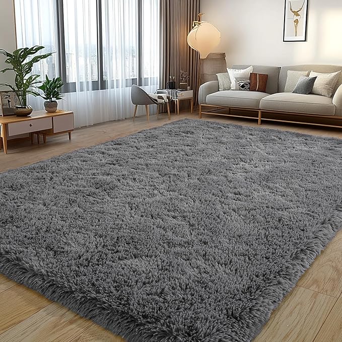 Dark Gray Fluffy Rug Plush Carpet for Bedroom Dorm, Non-Slip High Pile Rug, Shag Rug for Playroom Nursery Home Office Decor 9X12 Ft