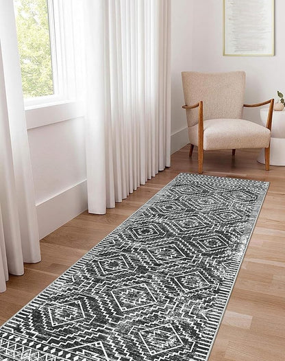 Wonnitar Moroccan Hallway Runner Rug 10 ft, Machine Washable 2'6"x10' Long Runner Rugs for Kitchen, Boho Non-Skid Soft Low Pile Carpet Runner for Entryway Hall Entrance (Dark Grey,2'6"x10')