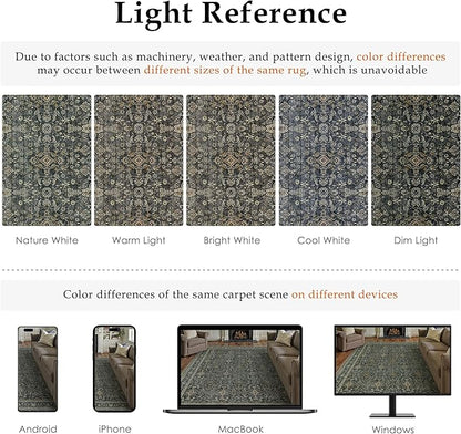 9x12 Area Rug for Living Room Black Vintage Washable Bedroom Carpet Traditional Distressed Soft Non Slip Indoor Large Accent Rug Retro Thin Low Pile Floor Cover for Dining Room Playroom