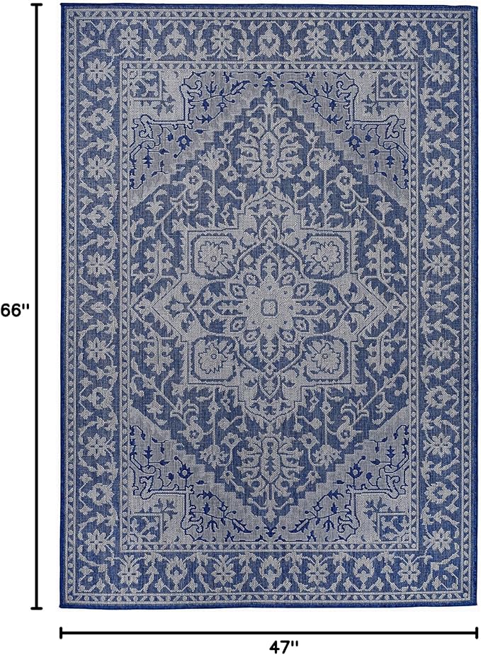 FH Home Flat Woven Outdoor Rug - Waterproof, Easy to Clean, Stain Resistant - Premium Polypropylene Yarn - Vintage - Patio, Deck, Porch,Balcony,Laundry Room - Amol - Blue - 3ft 11 in x 5ft 6in
