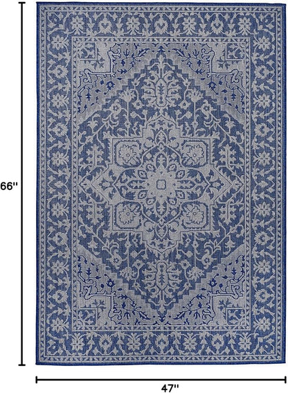 FH Home Flat Woven Outdoor Rug - Waterproof, Easy to Clean, Stain Resistant - Premium Polypropylene Yarn - Vintage - Patio, Deck, Porch,Balcony,Laundry Room - Amol - Blue - 3ft 11 in x 5ft 6in
