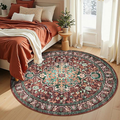 U'Artlines Boho Vintage Round Area Rug 6ft Machine Washable Low Pile Soft Floor Carpet Non Slip Non Shedding Accent Rug for Living Room Bedroom Entryway Dining Room Office Rust＆Teal