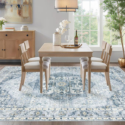 5x7 Area Rugs Washable Rugs for Living Room, Vintage Boho Rug Non-Slip Soft Floral Distressed Rug Low Pile Stain Resistant Carpet for Bedroom Nursery Office Dining Room Farmhouse Dorm(Blue, 5'x7')