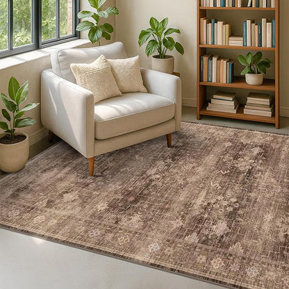 Boho Taupe Brown 5x7 Living Room Rug - Modern Vintage Traditional Oriental Neutral, Washable Low Pile Non-Slip Large Area Rugs for Nursery Dining Under Table