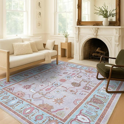 Fame Living Pink Oushak Rug, Modern, Vintage, Turkish, Eclectic, Floral, Pastel, Washable, Extra Large Area Rugs for Living Room, Dining, Bedroom, Lounge, 9'x12'