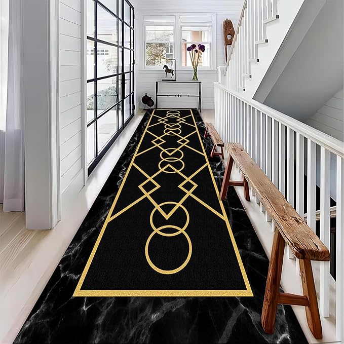 Luxury Gold Stamped Texture Hallway Runner Rug for Walkway, 3.3x10ft, Abstract Black Marble Background Entrance Carpets, Minimalist Geometric Decoration Absorbent Mat for Floor Office