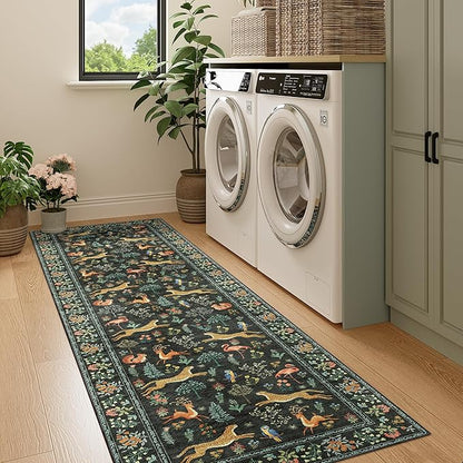 DUKINO Runner Rug, 2x7 Washable Kitchen Rugs for Hallways with Non Slip Backing, Soft Low Pile Vintage Animal Runner for Kitchen, Hallway, Entryway, Laundry, Bedroom, Black