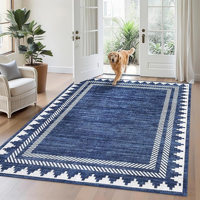Bordered Printed 10x13 Washable Area Rugs for Living Room Modern Non Slip Foldable Soft Indoor Carpet Geometric Stain Resistant Dining Room Bedroom Large Indoor Rugs, Blue