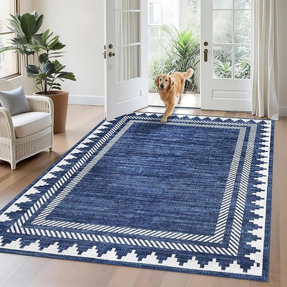 Bordered Printed 10x13 Washable Area Rugs for Living Room Modern Non Slip Foldable Soft Indoor Carpet Geometric Stain Resistant Dining Room Bedroom Large Indoor Rugs, Blue