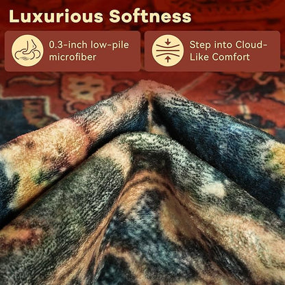 YJ.GWL Area Rugs for Living Room 3x5 Machine Washable Rugs for Bedroom, Non Slip Floral Vintage Rug Indoor Carpet, Small Floor Throw Rug for Dining Room Kitchen, Orange-Red
