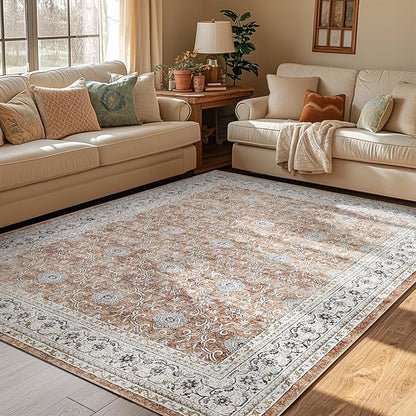 jinchan Floral 5x7 Area Rugs for Bedroom - Machine Washable Vintage Distressed Boho Design Throw Rug Stain Resistant Carpet Low-Pile Thin Non-Slip for Nursery Living Room Dining Room (5‘x7', Orange)