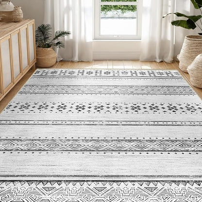 BESTSWEETIE 9x12 Area Rugs for Living Room Washable Moroccan Farmhouse Neutral Geometric Low Pile Non-Slip Soft Print Pattern Rug for Bedroom Kitchen Dining Room Entryway Grey/Black/Navy