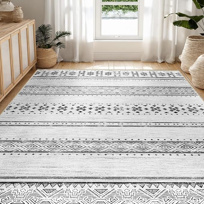 BESTSWEETIE 8x10 Area Rugs for Living Room Washable Moroccan Farmhouse Neutral Geometric Low Pile Non-Slip Soft Print Pattern Rug for Bedroom Kitchen Dining Room Entryway Grey/Black/Navy