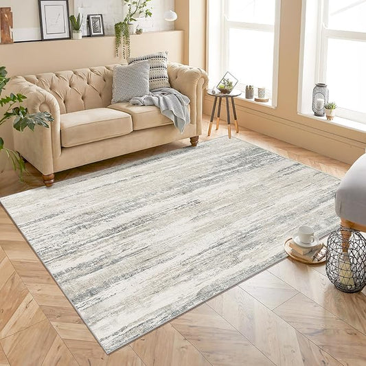 MUJOO Washable Rug 4x6.5,Modern Abstract Area Rugs for Bedroom Living Room Office Playroom,Small Non Slip Throw Carpet Indoor,Low Pile Accent Neutral Beige and Grey