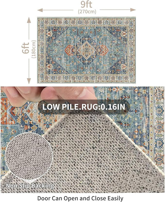 Enkor Area Soft Rugs 6x9 Washable Non Slip Boho Floor Rugs for Living Room Bedroom, Vintage Style Farmhouse Mat for Kitchen Entryway Green & Blue