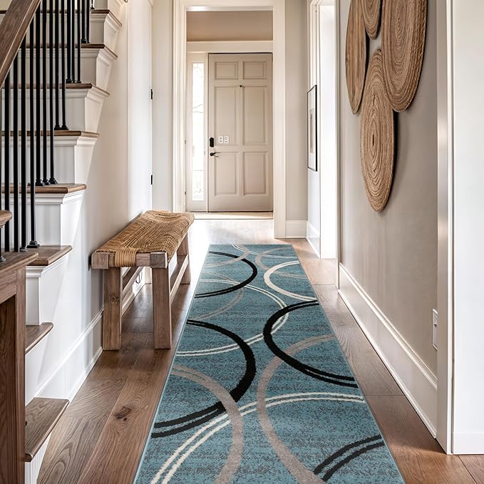 Rugshop Modern Wavy Circles Design Runner Rug, Non-Shedding Carpet for Hallway, Kitchen, or Entryway, Blue, 2' x 7'2"