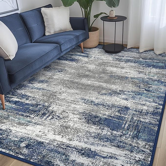 Bavni Rugs for Bedroom, Machine Washable Blue Rug Non-Slip, Foldable Modern 6x9 Area Rugs, Soft Low Pile Carpet for Living Room, Dining Room, Playroom, Blue/Ivory