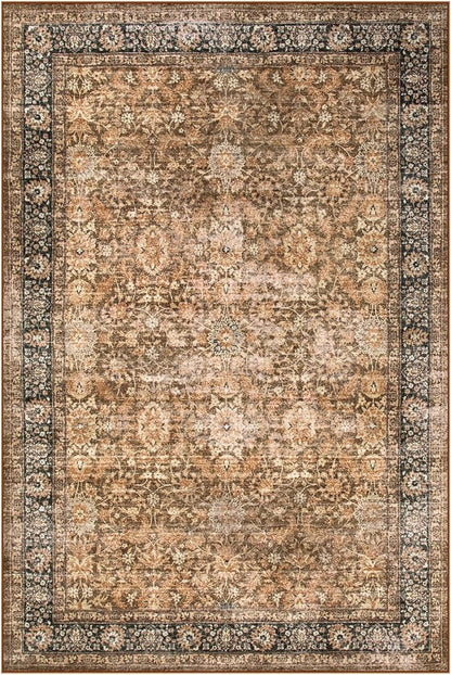Morebes Washable 6x9 Area Rugs,Vintage Large Area Rug Non Slip,Ultra-Thin Boho Rug for Dining Room Table,Distressed Soft Throw Carpet for Bedroom Office Living Room, Dark Brown